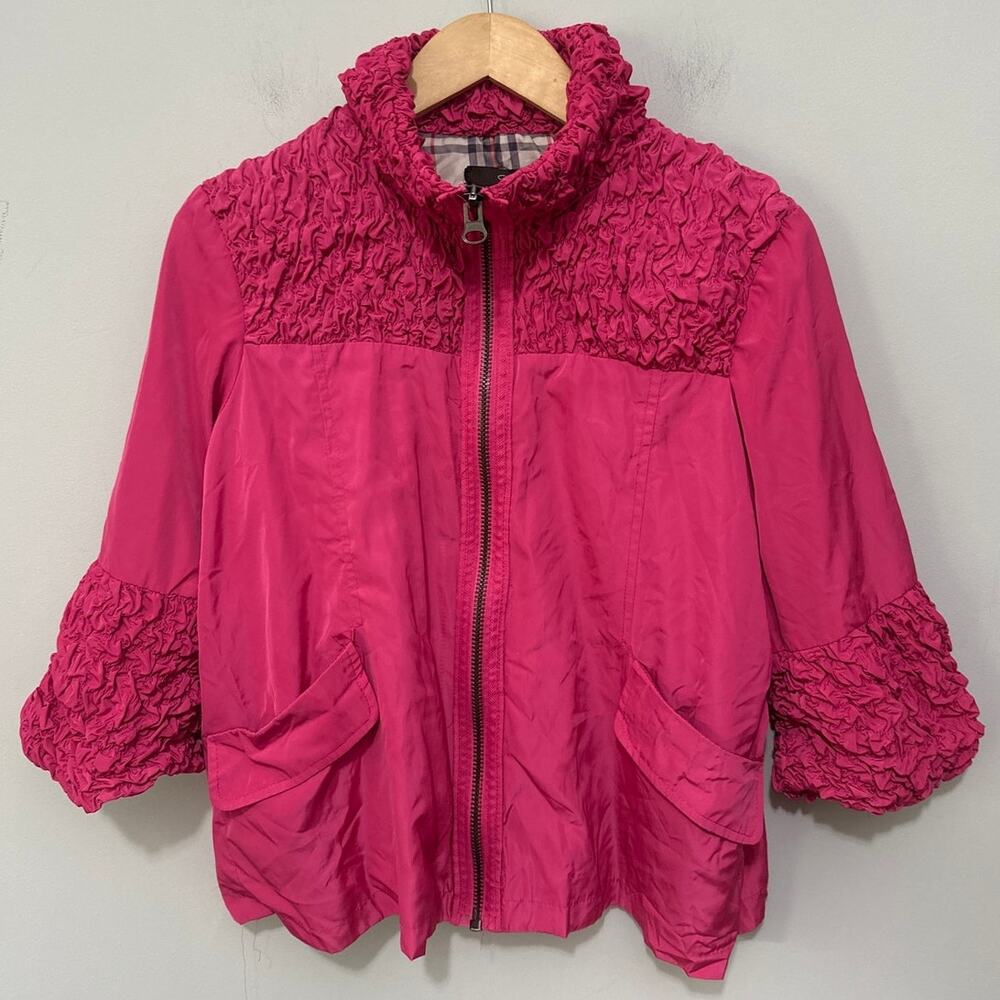 Luii Jacket Womens Large Hot Pink 3/4 Sleeve Crinkle Ruffle Eclectic Boho Chic